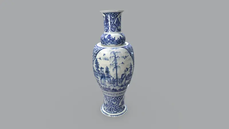 Screenshot, 3D-Modell einer großen Vase in unterglasurblau mit chinoisen Motiven