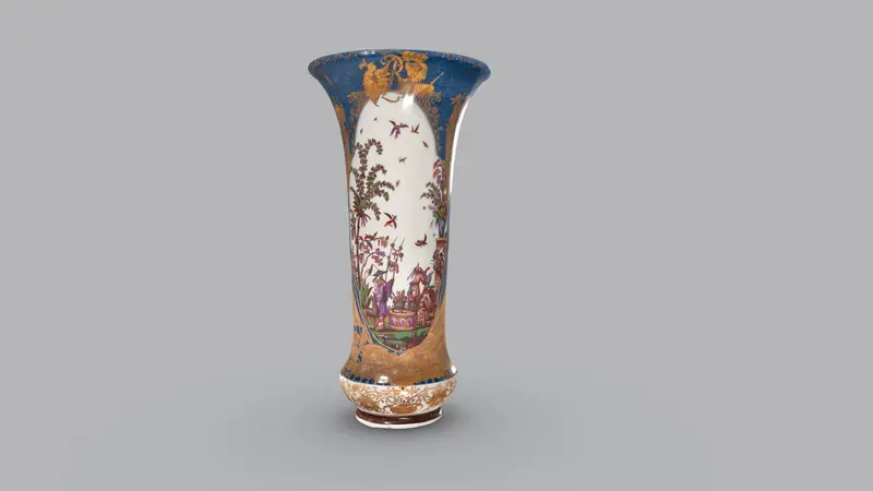 Screenshot, 3D-Modell einer Vase mit blauen Fond und vielfarbigen, chinoisen Reserven