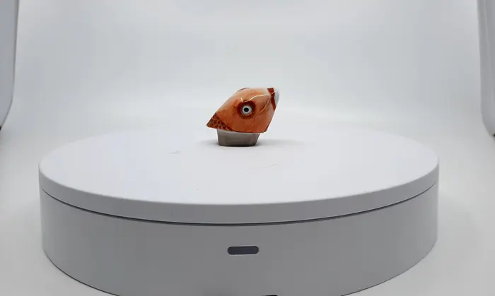 Foto, Porzellandeckel in Fischform auf einem drehbaren Untersatz
