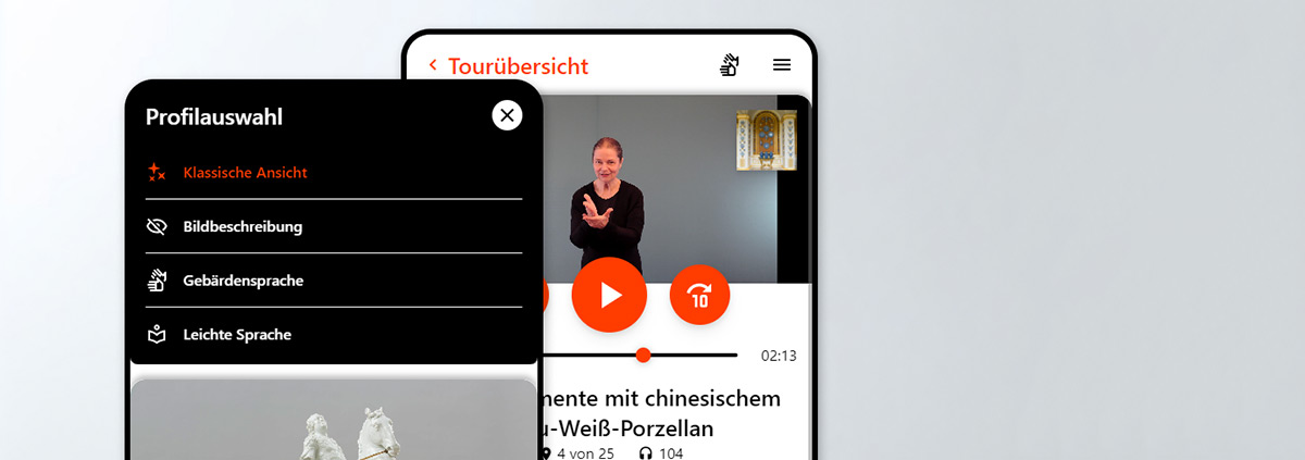Zwei Teaseransichten mit den Funktionen des Multimediaguides
